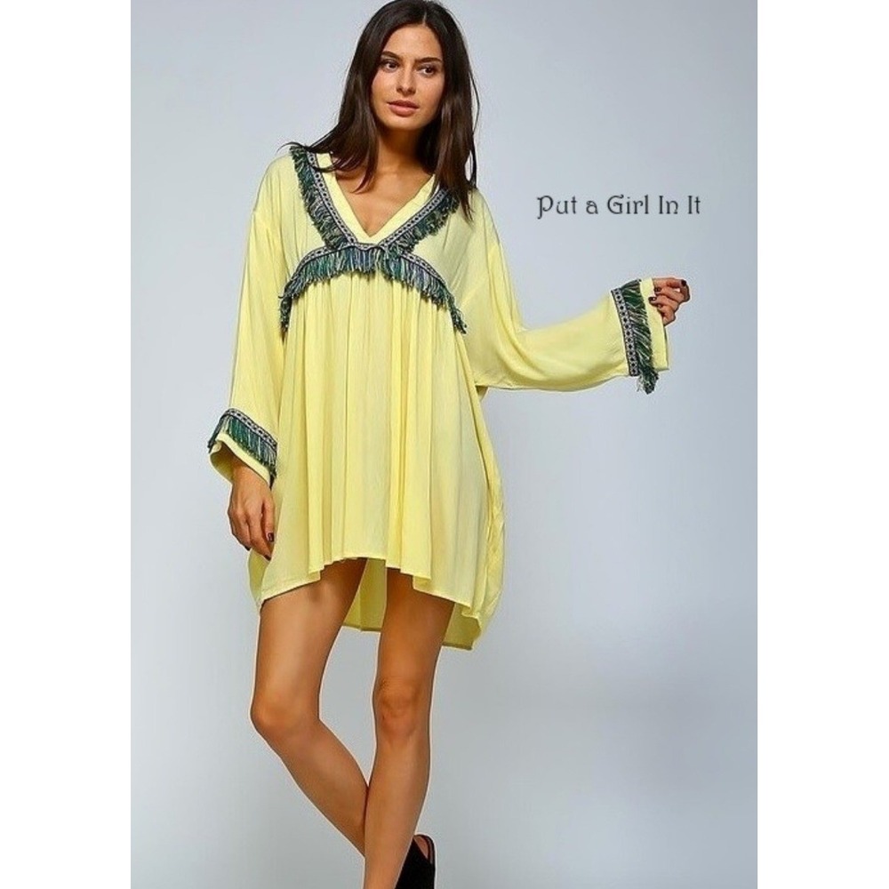 Velzera Tunic 2X Yellow Boho Fringe Embroidered Gypsy Peasant Festival Folk Art